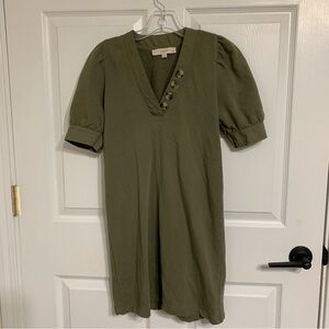 LOFT Olive Green V-Neck Button Puff Sleeve Mini Dress